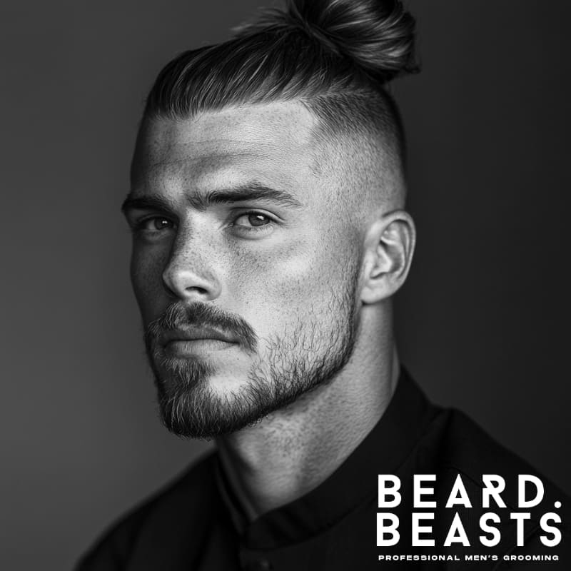 Black and white portrait of a man with tied-back long hair, sharp fade, and short boxed beard wearing a dark mandarin collar shirt