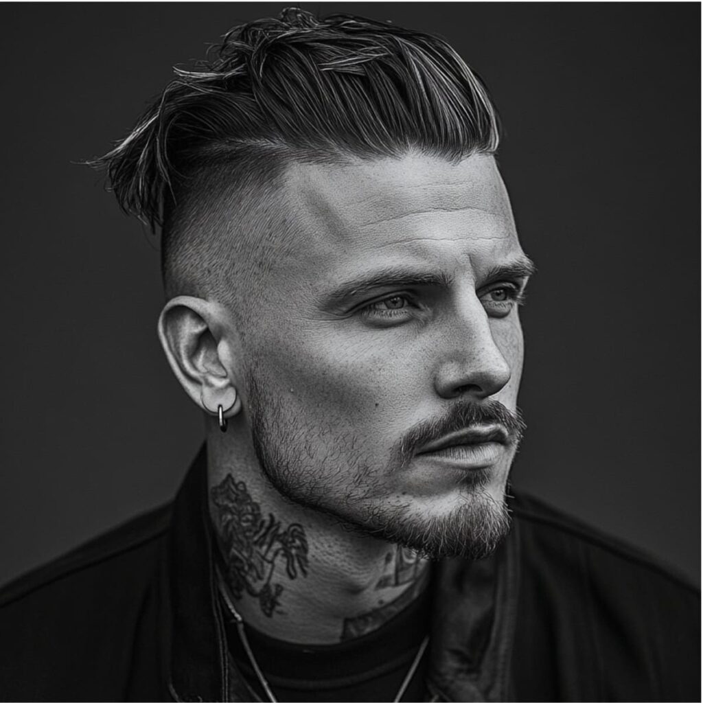 A striking black-and-white portrait of a 30-year-old man showcasing a bold hairstyle with closely shaved sides transitioning into a longer, textured top combed back. The man has sharp facial features, a light goatee, and visible tattoos on his neck, adding to his edgy and modern appearance. He is wearing a dark jacket and a small hoop earring, enhancing the minimalist yet strong aesthetic. The grayscale tones emphasize the contours of his face and the details of his hairstyle, creating a dramatic and artistic effect.