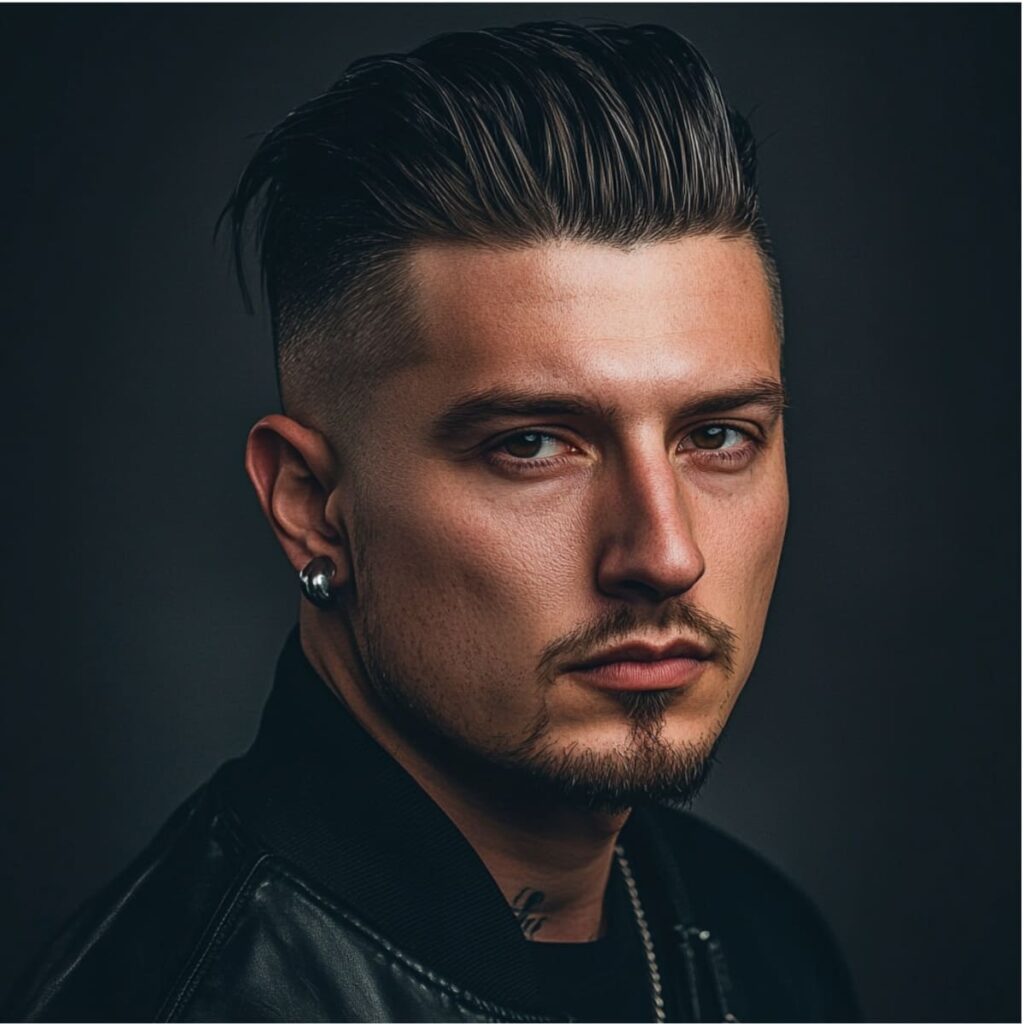 A sharp portrait of a 30-year-old man featuring a textured high fade slick back hairstyle. The sides are cleanly shaved with a precise fade that transitions seamlessly into a longer, sleek top styled back with visible texture and volume. The man has sharp facial features, light stubble, and is wearing a black leather jacket, giving a modern and edgy appearance. The background is dark and moody, highlighting the crisp details of the hairstyle. Perfect for showcasing a contemporary men's grooming style.