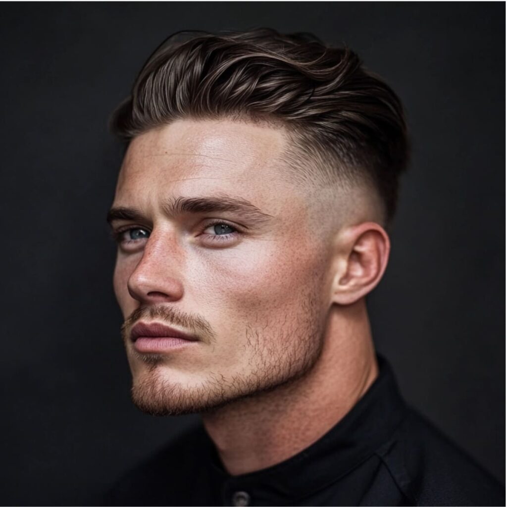 A close-up portrait of a 30-year-old man featuring a wavy high fade slick back hairstyle. The sides are sharply faded, blending seamlessly into the longer top, which is styled with natural waves combed back for a textured yet refined look. His defined jawline and light stubble enhance his sharp facial features, adding to the overall polished aesthetic. The man is wearing a dark buttoned shirt, and the soft lighting highlights the waves and fade, drawing attention to the hairstyle’s elegant details. The dark background adds depth and emphasizes the clean, modern style.