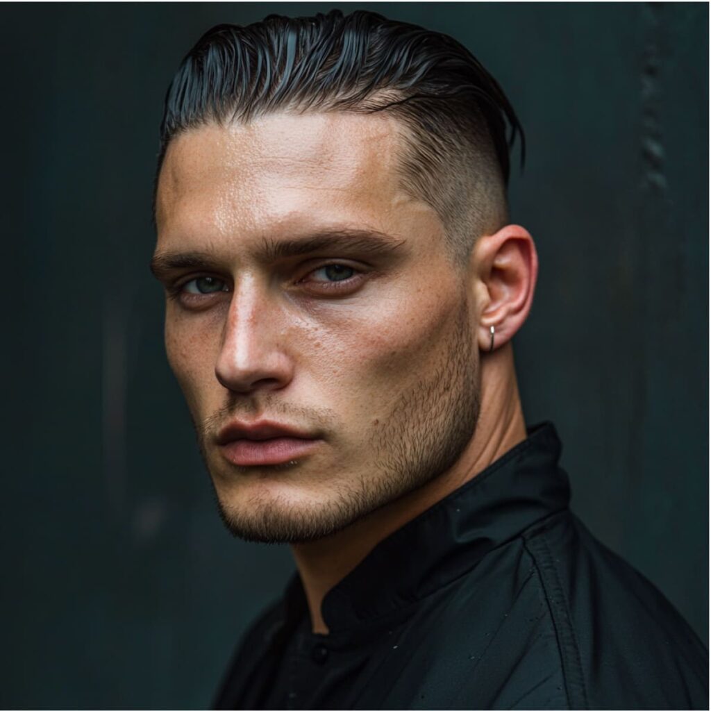 A close-up portrait of a 30-year-old man showcasing a sleek hairstyle with sharply faded sides transitioning into a glossy, wet-look top combed back with precision. His defined facial features are accentuated by light stubble and a piercing in his left ear, adding a modern edge to his appearance. The man wears a dark, buttoned shirt, complementing the clean and sophisticated aesthetic. The soft lighting highlights the glossy finish of the hairstyle and the contours of his face. The dark, textured background adds depth and contrasts with the polished styling.