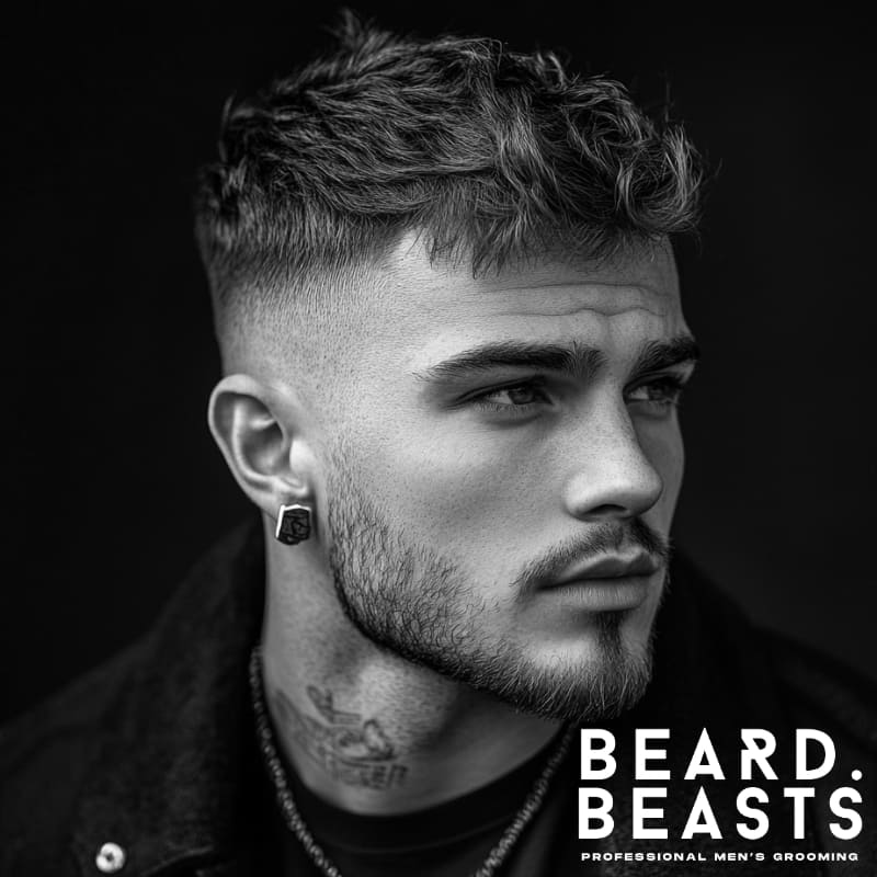 Side portrait of a man with tousled textured hair on top, faded sides, and a short beard, wearing a dark coat and earrings