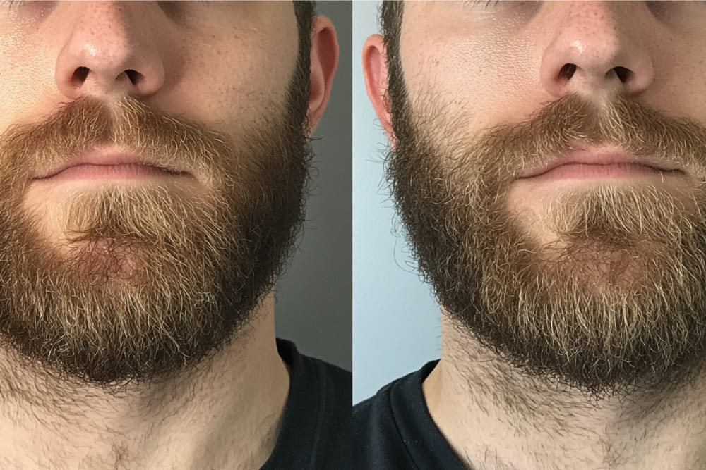 Side-by-side images showcasing the same man with a focus on his beard, highlighting a patchy beard in both frames. The beard displays uneven growth, particularly in areas around the chin and jawline, emphasizing the presence of beard patches. The comparison illustrates natural variations in beard density and serves as an example for discussing grooming or styling solutions for uneven facial hair growth.