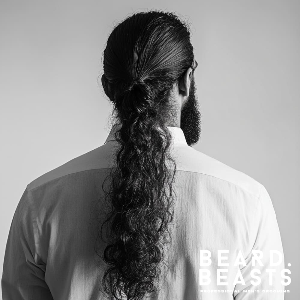 A black-and-white image of a man viewed from behind, showcasing a long, thick curly ponytail. His hair is sleek and smooth at the top, tied neatly at the back of his head, with the curls cascading down his back in a natural, textured flow. The man is wearing a crisp white shirt, and his well-groomed beard is partially visible from the side, adding a touch of refinement to his appearance. The minimalistic background and lighting emphasize the clean lines of his style and the contrast between the sleek top and the voluminous curls.
