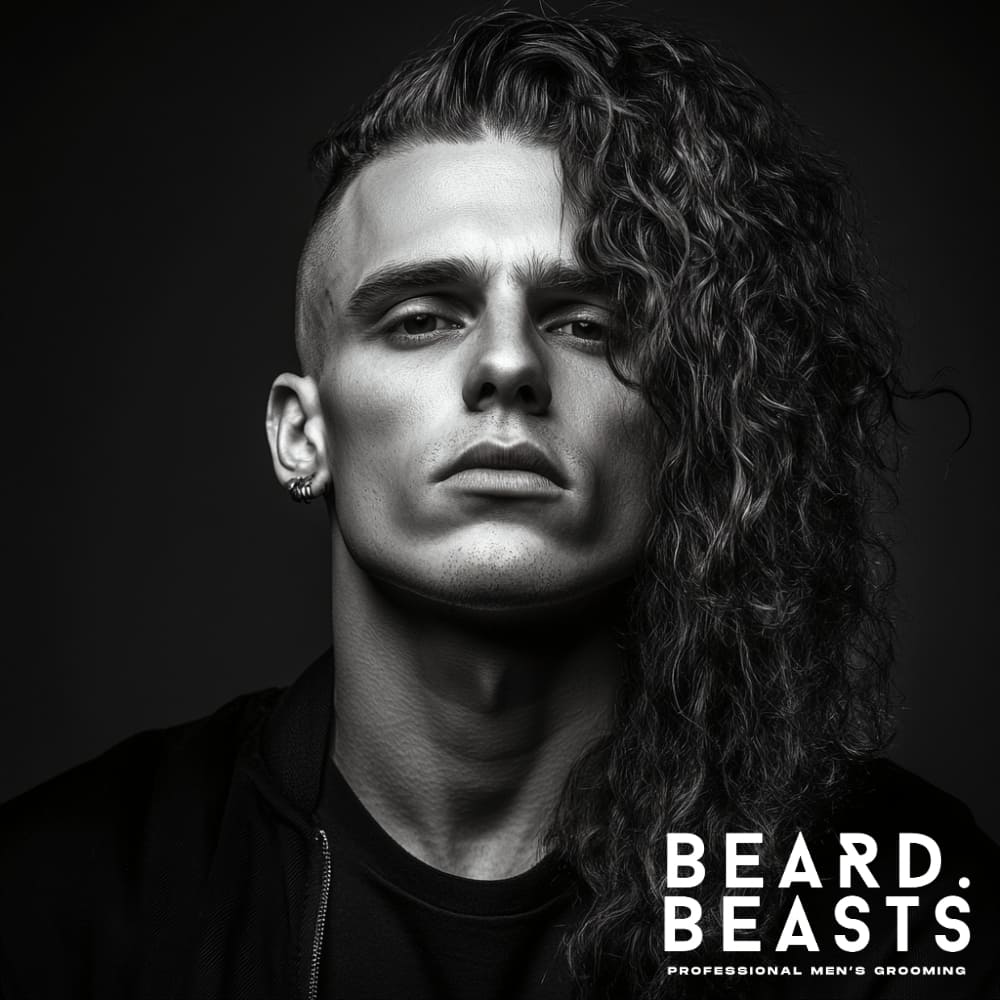 A bold and modern take on the curly undercut, featuring a man with one side of his head shaved clean while the other side showcases long, thick, and defined curls cascading down his shoulder. The dramatic contrast between the shaved section and the voluminous curls creates a striking, edgy appearance. His sharp features and confident expression enhance the contemporary vibe of the hairstyle. This look exemplifies long curly hairstyles for men seeking a daring, high-fashion statement. The monochromatic background emphasizes the texture and structure of the haircut.