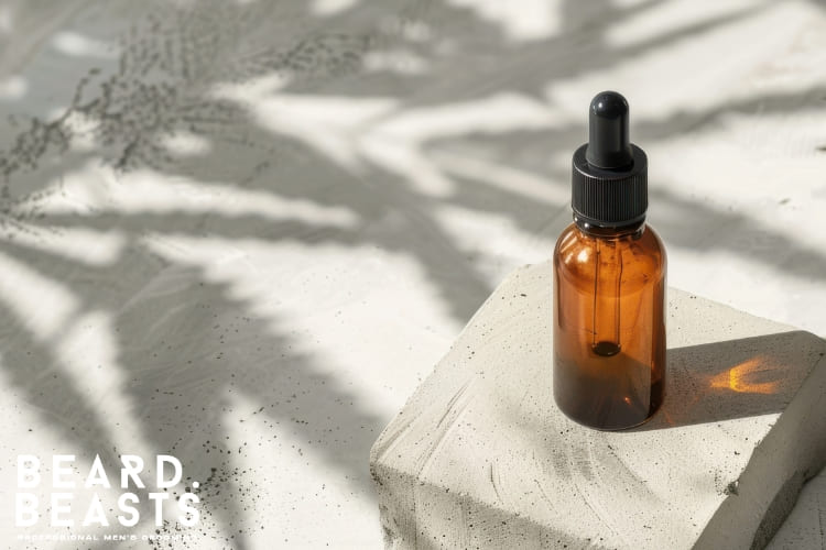 Amber bottle of essential oil with a dropper placed on a textured concrete block, illuminated by soft natural light and surrounded by leaf shadows.