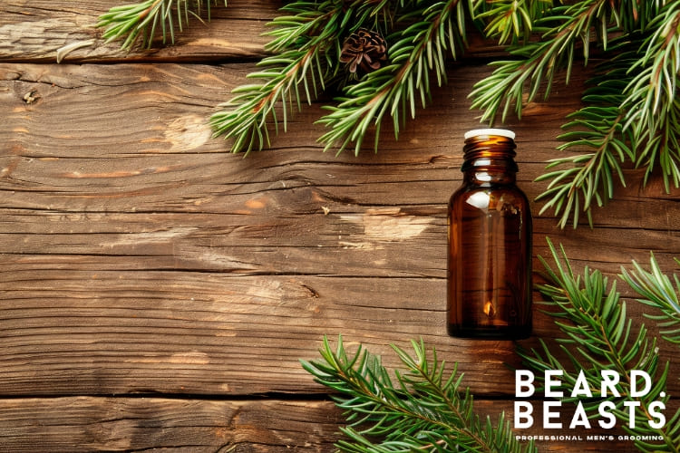 Amber bottle of cedarwood oil for beard growth surrounded by fresh cedar branches on a wooden surface, highlighting its natural benefits for men's grooming.