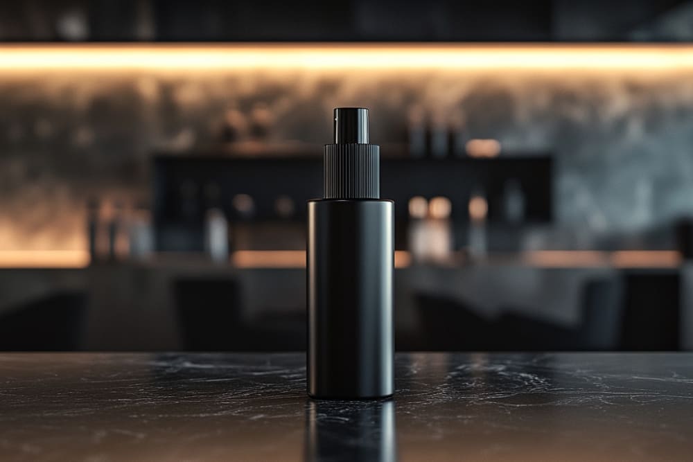 A sleek, matte black sea salt spray bottle with a minimalist design, positioned on a polished dark surface. The bottle features a functional black spray nozzle with a ribbed grip for ease of use. In the background, a modern, softly lit interior with warm ambient lighting creates a sophisticated and upscale atmosphere, emphasizing the bottle's premium and professional aesthetic.
