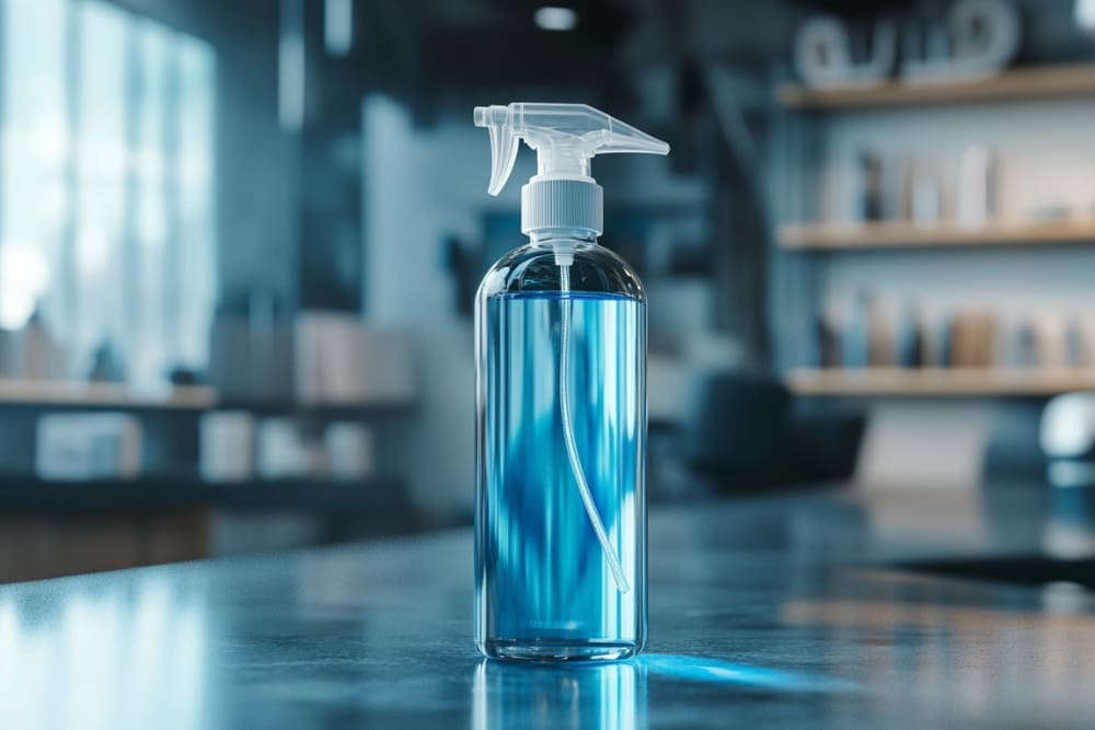 A transparent spray bottle filled with blue liquid, specifically designed as a sea salt spray for fine hair, sits on a polished countertop in a modern barbershop. The minimalistic setting, with blurred shelves and soft lighting in the background, highlights the premium and lightweight formula ideal for adding texture and volume to fine hair.