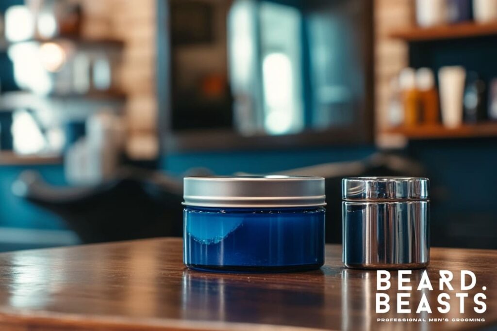 A modern barbershop counter featuring a container of blue hair gel and a sleek silver tin of hair wax, emphasizing the contrasting textures and finishes in the ongoing debate of hair gel vs hair wax. The blurred background of the barbershop highlights the professional setting.