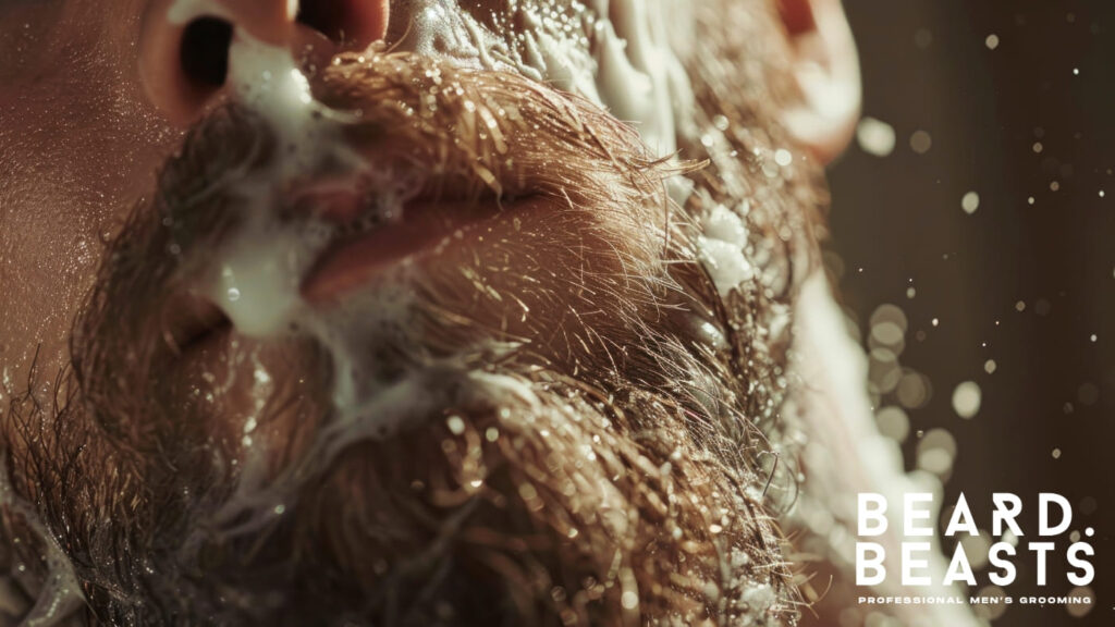 Close-up of a facial hair being lathered with shampoo, highlighting a professional grooming routine and the importance of facial hair care.