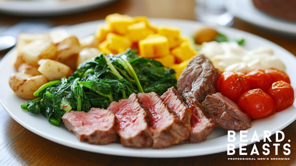 Plate of nutrient-rich food including seared steak, sautéed spinach, roasted cherry tomatoes, diced sweet potatoes, and baby potatoes, showcasing a balanced meal for promoting healthy facial hair growth.