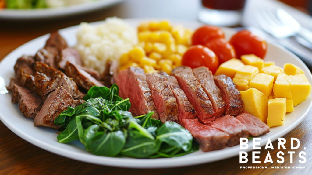 A balanced plate featuring tender steak, fresh spinach, cherry tomatoes, corn, diced cheese, and rice, showcasing nutrient-rich foods that support beard health and promote a thicker beard.