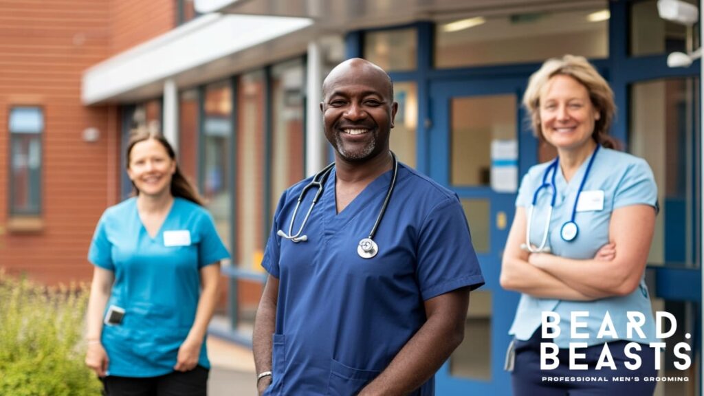 A group of smiling health professionals, including a man with a neatly trimmed beard, standing outside a medical facility. This image represents expertise in beard care and procedures like transplants for those seeking how to grow a thicker beard.