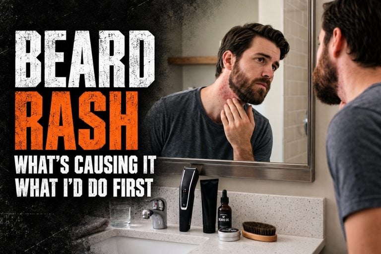 Beard rash featured image showing a man checking irritated skin under his beard