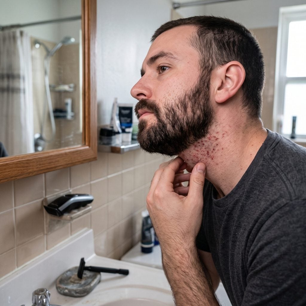 Man checking red bumps under his beard after shaving