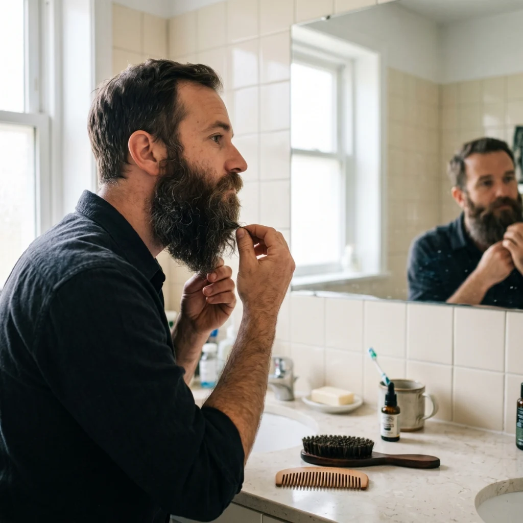 Man using his fingers to detangle his beard with a comb and beard brush nearby