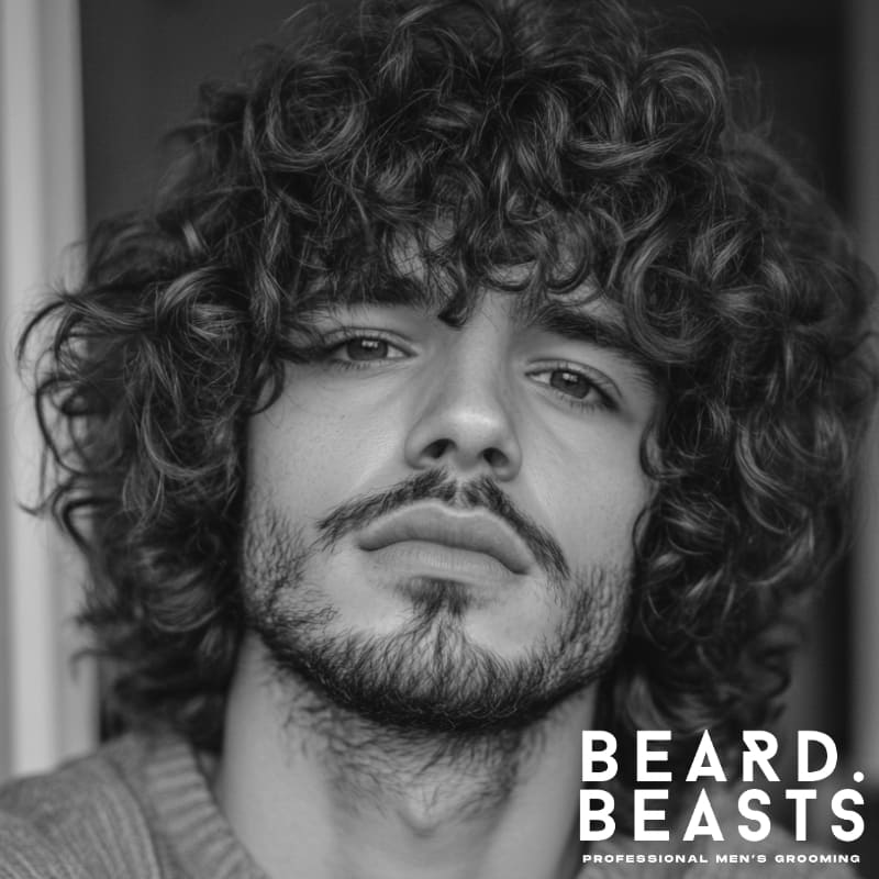 Man with a curly shag haircut and fringe, showcasing voluminous long curly hair styled in soft layers with bangs.