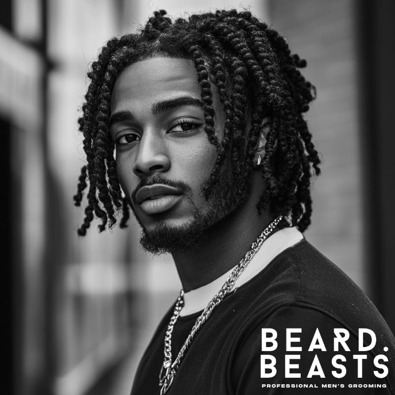 Close-up of a Black man with defined twist outs on medium-length afro hair, wearing a chain necklace and black shirt in an urban setting.