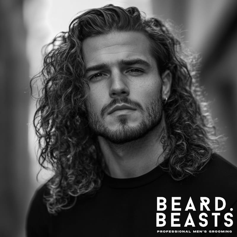 Man with free-flowing long curly hair wearing a black t-shirt, showcasing a bold and voluminous long curly hairstyle for men