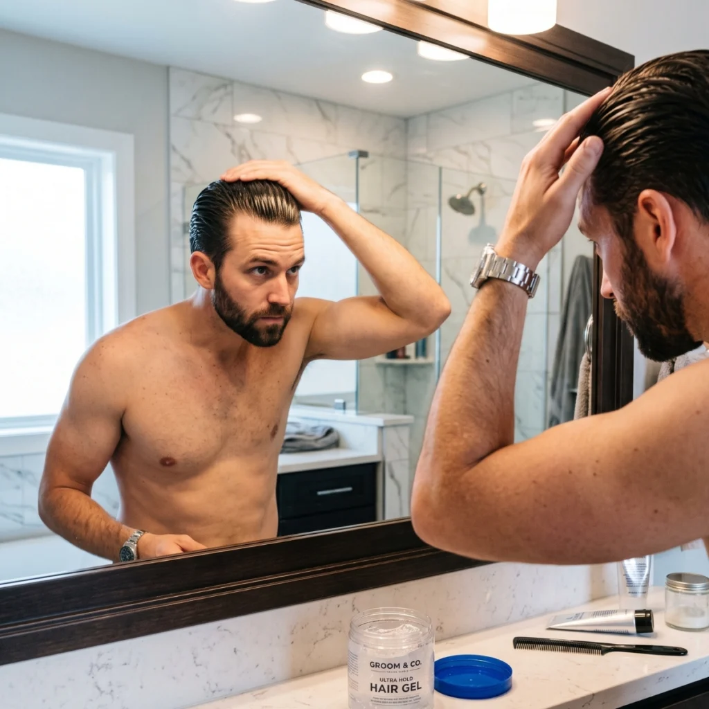 Man styling slicked-back hair with hair gel in front of a bathroom mirror