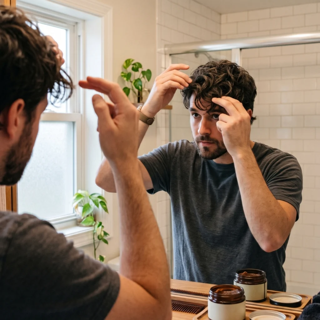 Man reworking his hairstyle with hair wax in front of a mirror