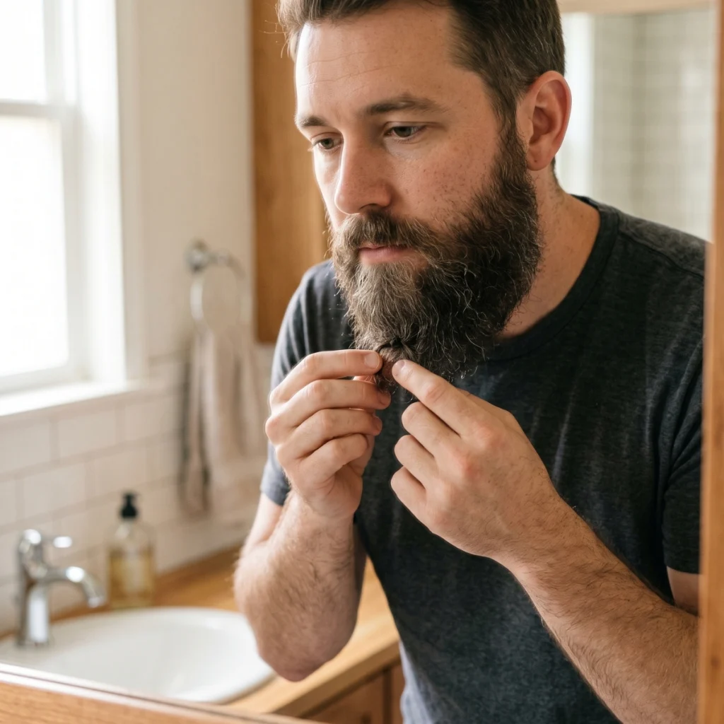 Man gently loosening a beard knot with his fingers