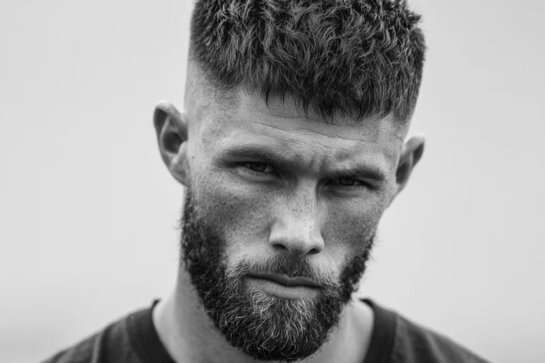 Man with a short beard and textured haircut, showing how to grow a thicker beard by giving facial hair enough time, shape and care.