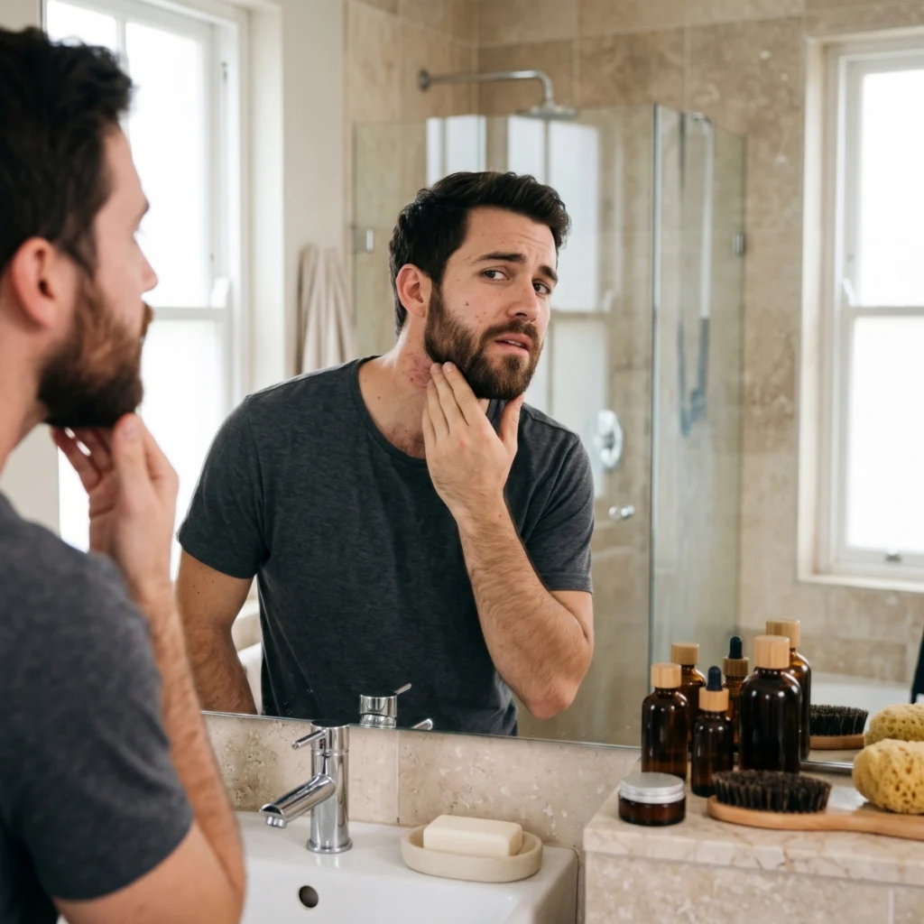 Man checking irritated skin under his beard with grooming products left unused on the counter