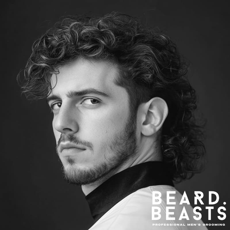 Side profile of a man with a long curly wolf cut hairstyle, featuring layered volume and natural texture—modern long curly haircut for men.