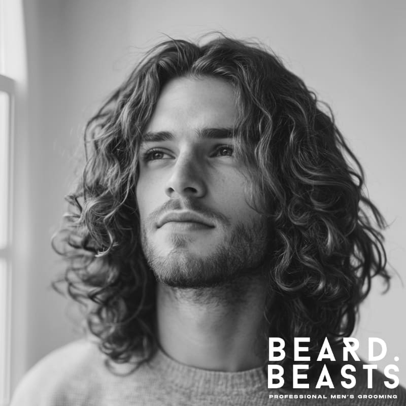Portrait of a man with loose, middle-parted long curly hair—soft natural curls styled for a relaxed and balanced look.