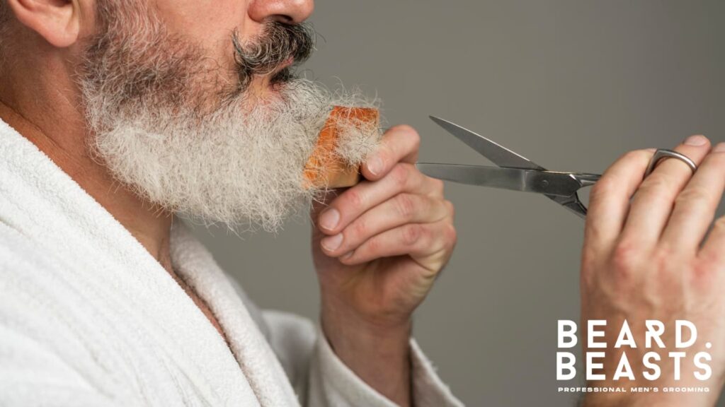 Close-up of a man carefully trimming and combing his curly beard with scissors and a wooden comb, demonstrating precision and attention to beard grooming.
