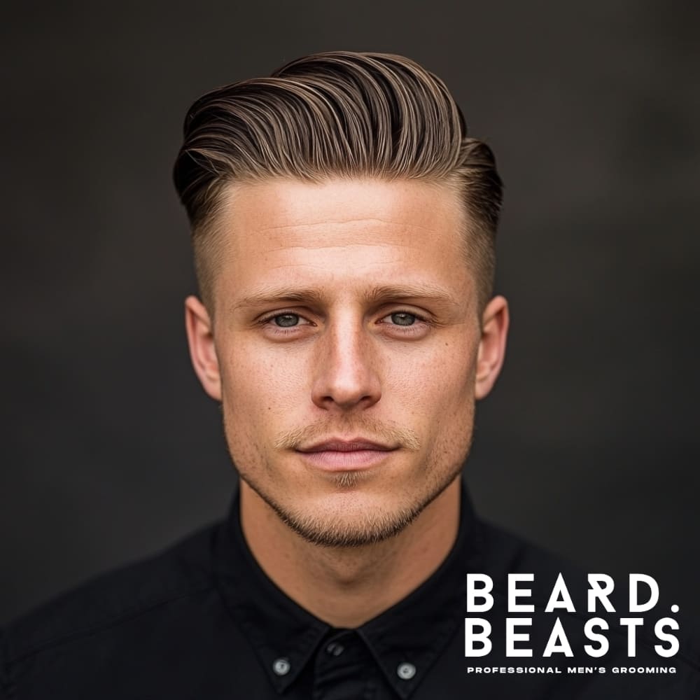 A portrait of a well-groomed man with a classic undercut quiff, featuring neatly tapered sides that seamlessly blend into a structured, combed-back top. The quiff is styled with precision, showcasing a sleek finish with subtle shine, emphasizing its timeless and professional appeal. He wears a black button-up shirt, adding to the clean and sophisticated aesthetic.