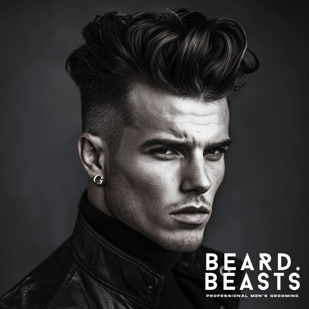 Portrait of a confident man with a disconnected undercut quiff hairstyle, featuring sharply shaved sides and a voluminous, textured top swept back with defined waves. The hairstyle highlights a bold and modern look, complemented by a leather jacket and minimalist earrings. The lighting accentuates the clean-cut lines of the haircut and the overall polished aesthetic.