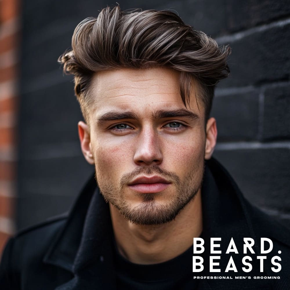 A portrait of a stylish man with a modern undercut quiff, featuring a high fade on the sides seamlessly blending into a textured, voluminous top. The quiff is styled with a natural matte finish, showcasing loose strands and movement for a relaxed yet refined look. He wears a dark coat, complementing the urban backdrop of a brick wall, adding to the contemporary aesthetic.