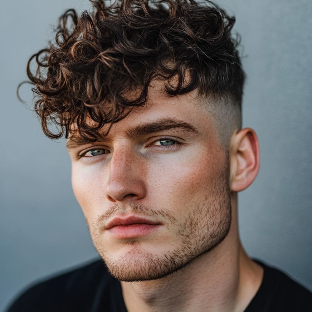 Close-up of a young man sporting an undercut with curly textured fringe, featuring closely faded sides that contrast sharply with the voluminous, naturally curly fringe styled forward. The defined curls add texture and movement, enhancing his sharp jawline and light stubble beard. Set against a neutral background, this modern hairstyle highlights the perfect balance of structure and natural texture, making it ideal for men with wavy or curly hair.