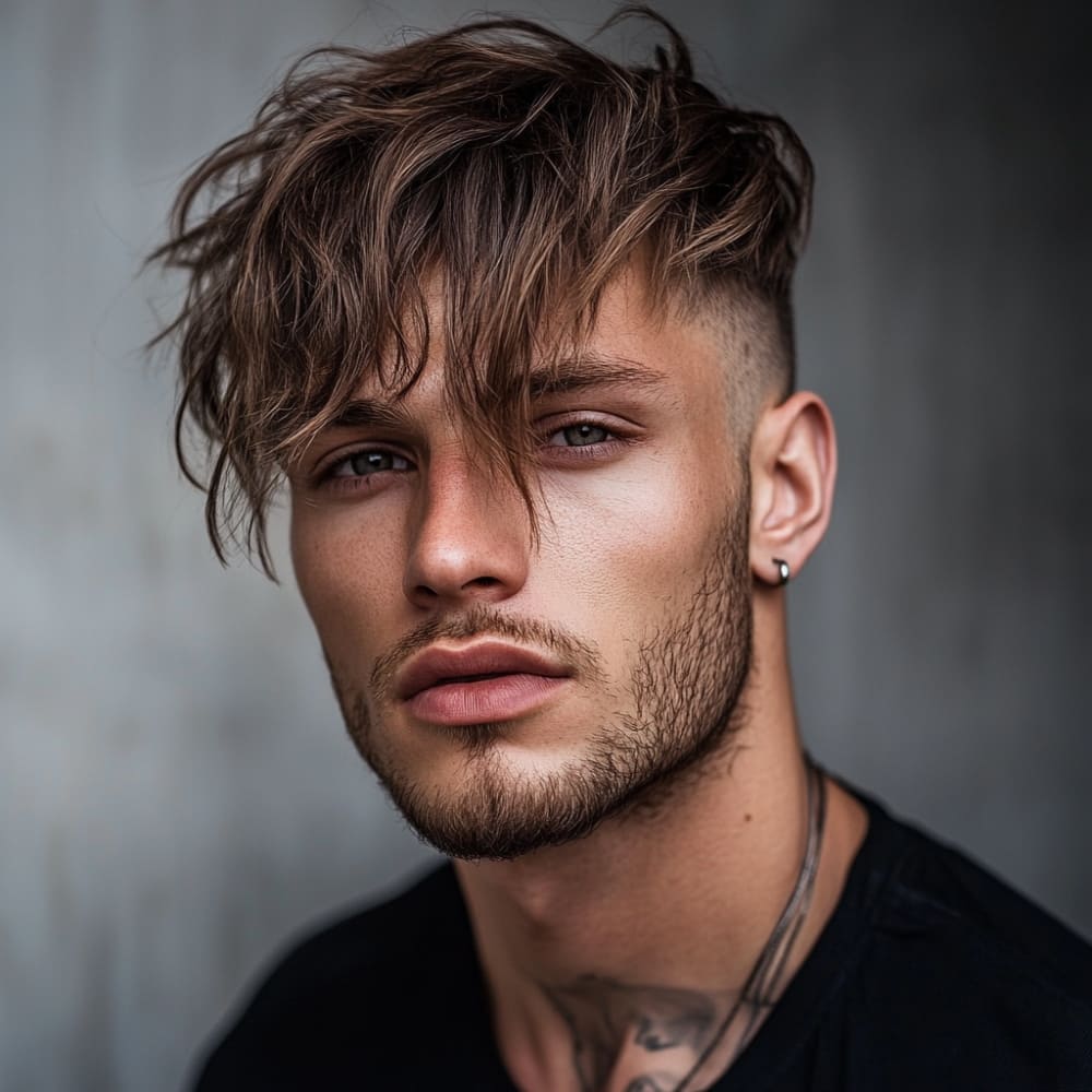 Portrait of a stylish young man featuring an undercut with a long textured fringe, showcasing closely shaved sides that sharply contrast with the extended fringe styled forward in tousled layers. The long fringe adds drama and volume, framing his face while enhancing his sharp jawline and light beard. Paired with minimal accessories and set against a neutral background, this bold hairstyle highlights versatility and modern masculinity, ideal for fashion-forward men.