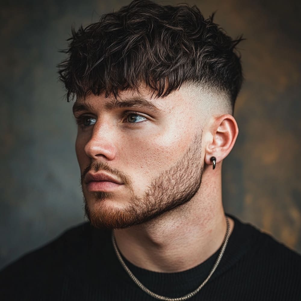 Close-up of a young man with an undercut featuring a short textured fringe, showcasing sharply faded sides that transition seamlessly into the neat, cropped fringe on top. The short fringe is styled with subtle layers for added texture and a clean, low-maintenance look. Complemented by a well-groomed beard and minimalist accessories, this modern hairstyle exudes a sharp, polished appearance, perfect for professional and casual settings alike.