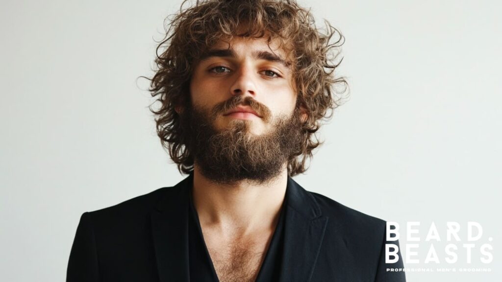 A confident man with a well-defined curly beard and naturally tousled curly hair, dressed in a black blazer, against a neutral background, showcasing a relaxed yet refined grooming style.