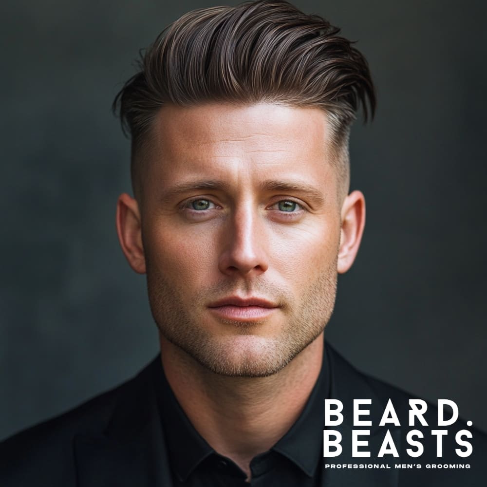 A portrait of a stylish man with a sleek, voluminous hairstyle featuring neatly tapered sides and a textured, brushed-back top. The hair is styled with precision, balancing natural movement and structure for a modern yet professional appearance.