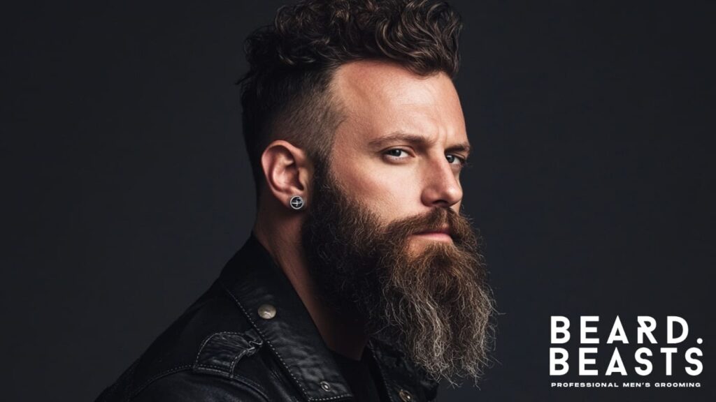 A bearded man with a strong jawline and a dense, meticulously groomed beard paired with a textured undercut hairstyle. He wears a black leather jacket adorned with metallic buttons, set against a dark backdrop, illustrating the results of dedicated grooming practices and tips for how to grow a thicker beard.