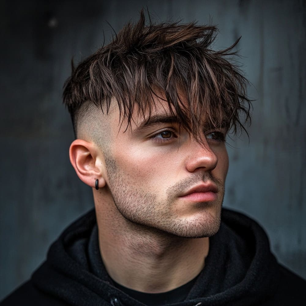 Stylish young man wearing an undercut with textured fringe, featuring shaved sides that sharply contrast with the layered, tousled fringe cascading forward. The textured fringe adds volume and movement, complementing his strong jawline and clean stubble. Dressed in a casual black hoodie, the modern haircut embodies a bold yet relaxed look, perfect for contemporary men's fashion trends.