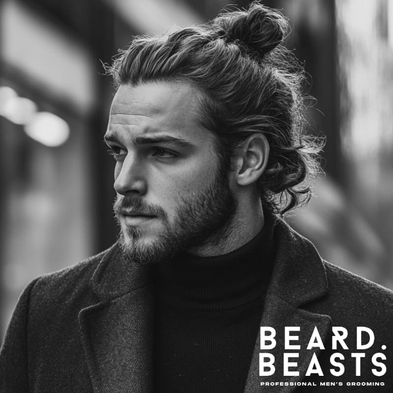 Man with a messy curly man bun hairstyle wearing a brown coat, showing a relaxed and stylish long curly hair look for men.