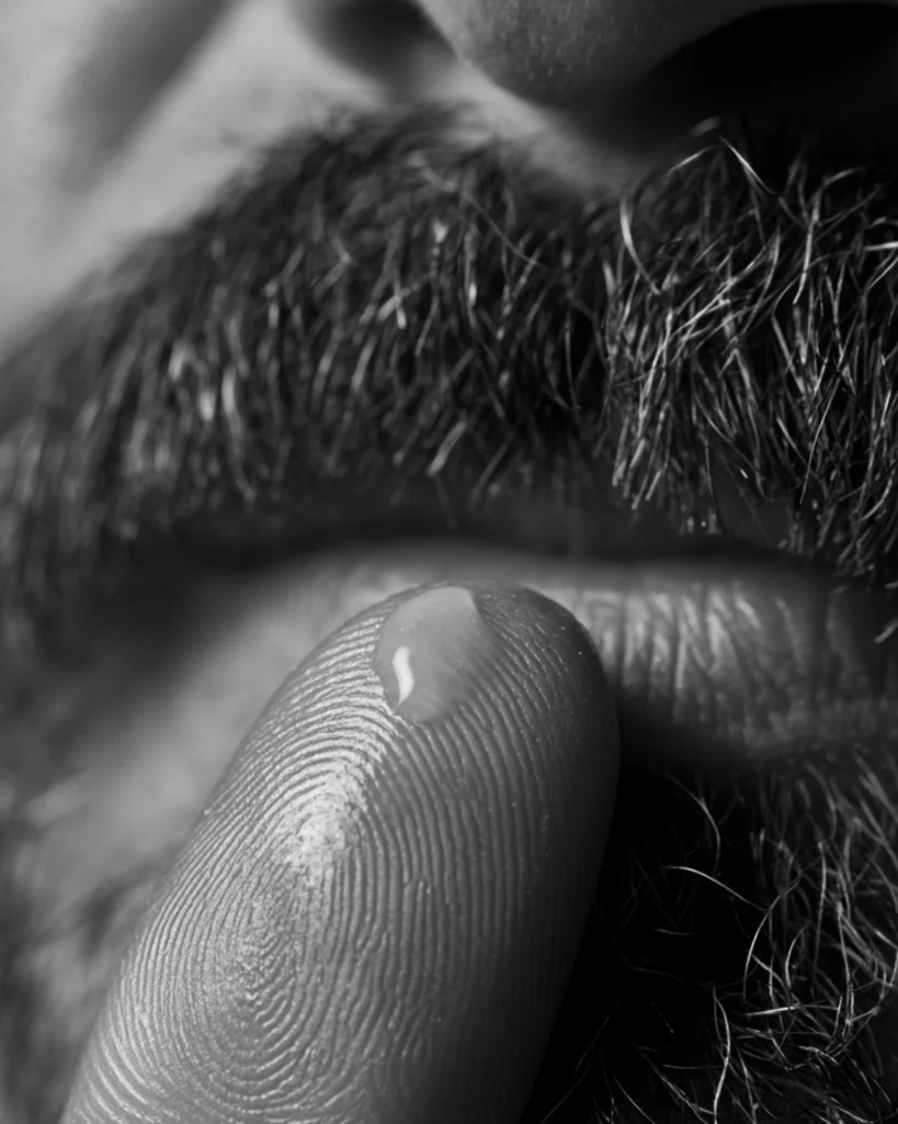 Close up of a small amount of mustache wax on a fingertip before applying it to a mustache