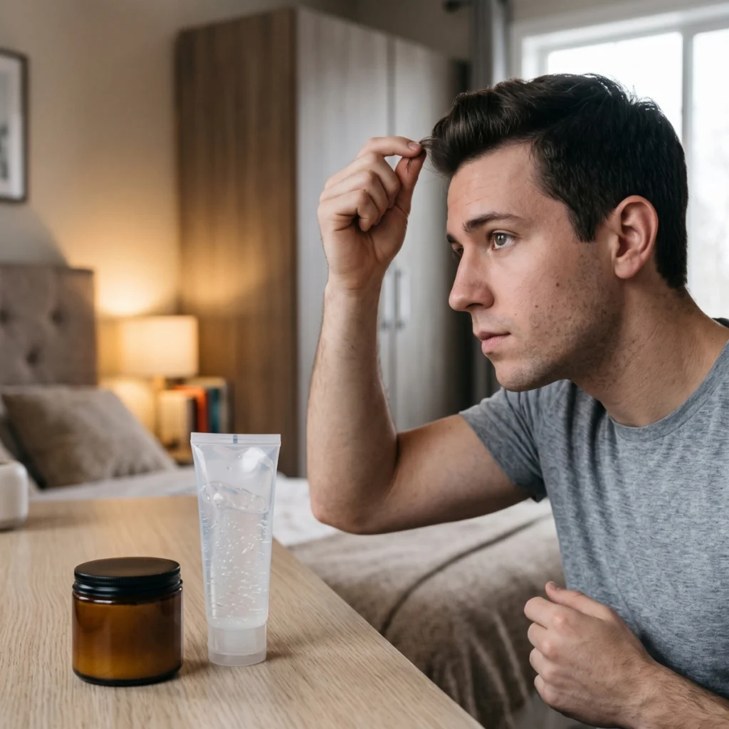 Man styling a quiff with hair wax and hair gel nearby