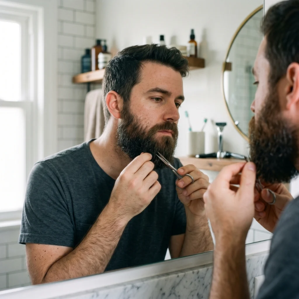 Man carefully isolating a beard knot before trimming it with grooming scissors