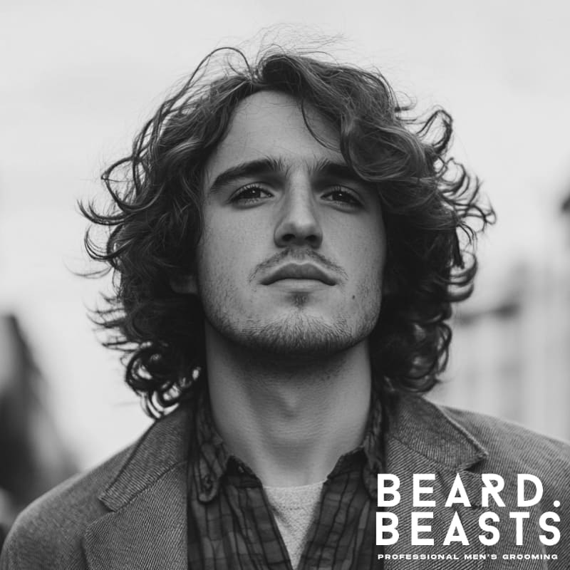 Man with shoulder-length curly hair wearing casual layered outfit—defined, medium-length curls styled for modern men’s long curly hairstyles