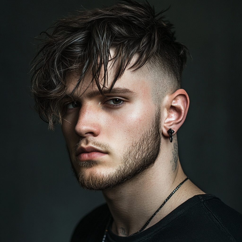 Portrait of a young man showcasing an edgy modern men's haircut, featuring cleanly shaved sides that contrast sharply with the long, tousled fringe styled forward. The layered fringe adds volume and natural movement, complementing his defined jawline and light stubble beard. The modern haircut emphasizes a bold yet versatile look, paired with a minimalist black outfit and accessories, ideal for contemporary style trends.