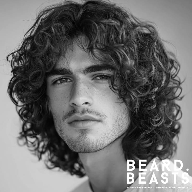 Man with voluminous long curly layered hair, showcasing defined curls and natural movement styled for texture and fullness.