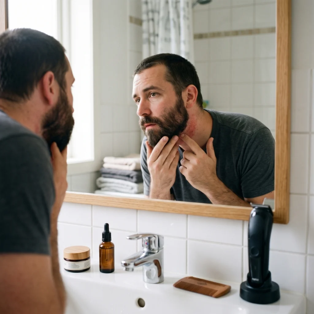 Man checking irritated skin under his beard in the bathroom mirror